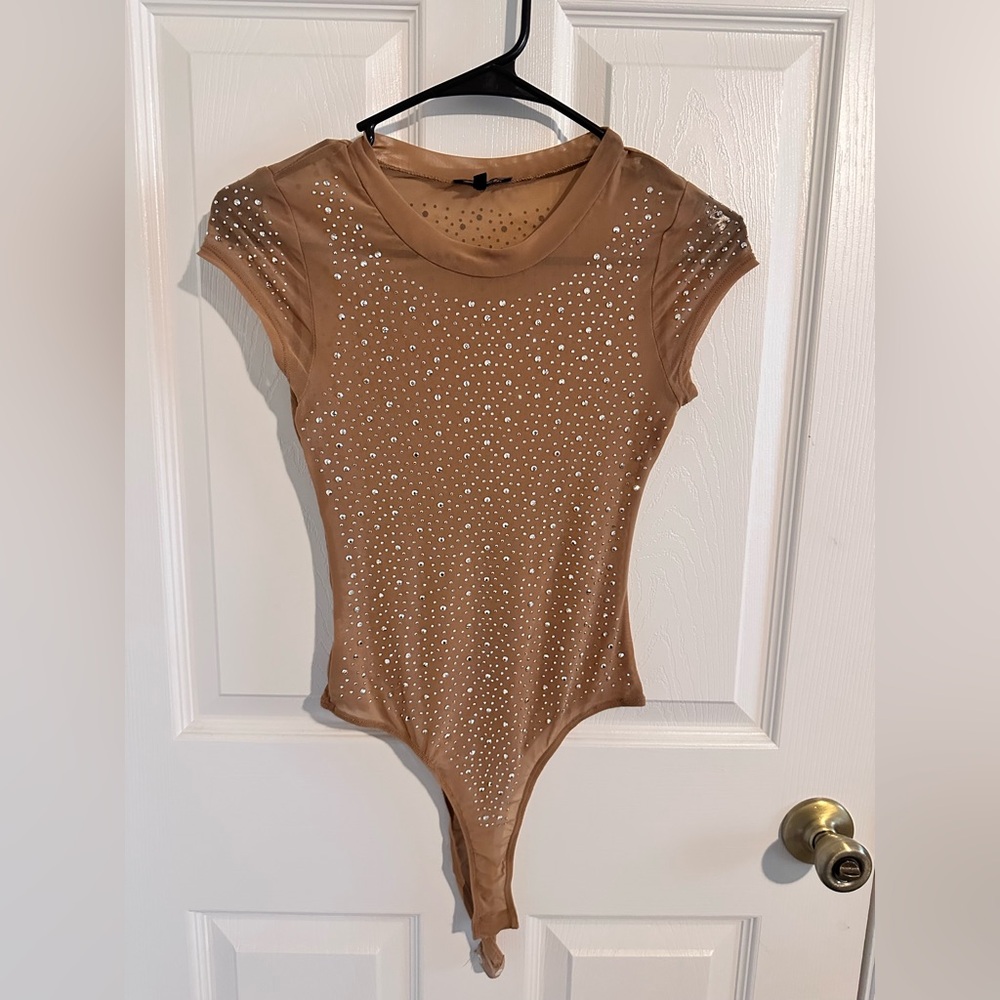 Embellished Sheer Tan Bodysuit Size Small
